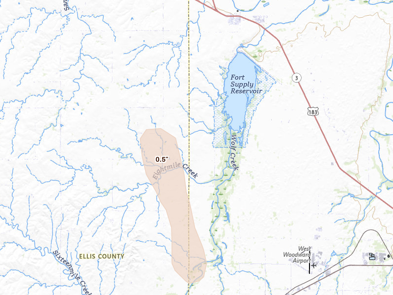 Radar-estimated hail-size map of the storm over Fort Supply, OK on Jun 3, 2026