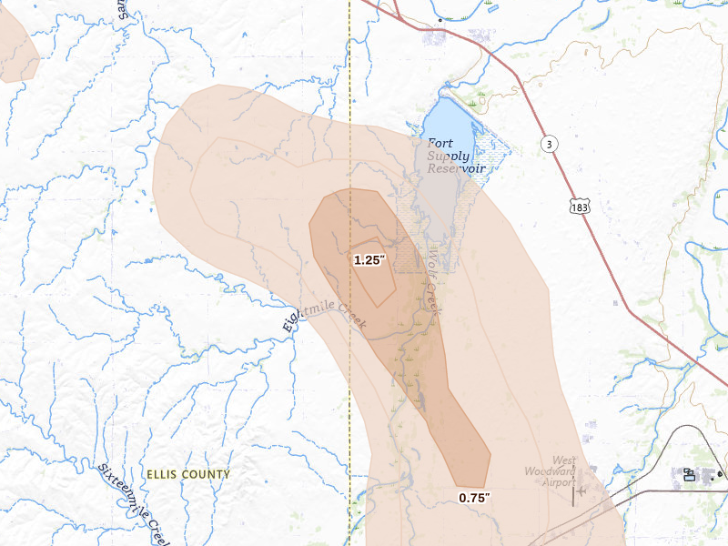 Radar-estimated hail-size map of the storm over Fort Supply, OK