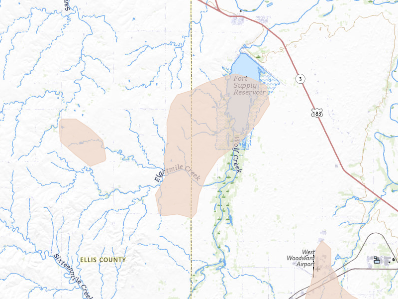 Radar-estimated hail-size map of the storm over Fort Supply, OK on Jun 26, 2026