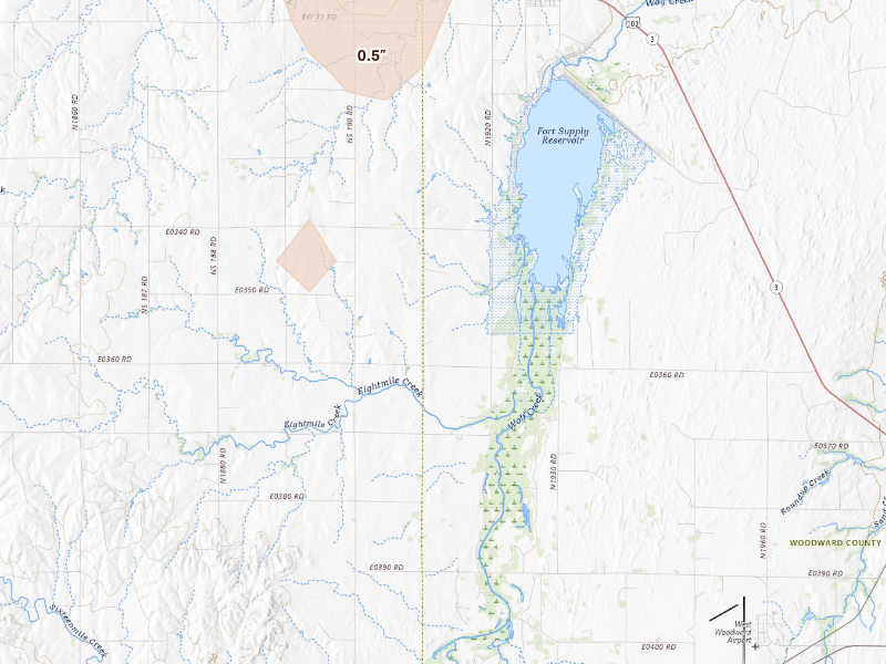 Radar-estimated hail-size map of the storm over Fort Supply, OK on Sep 24, 2026