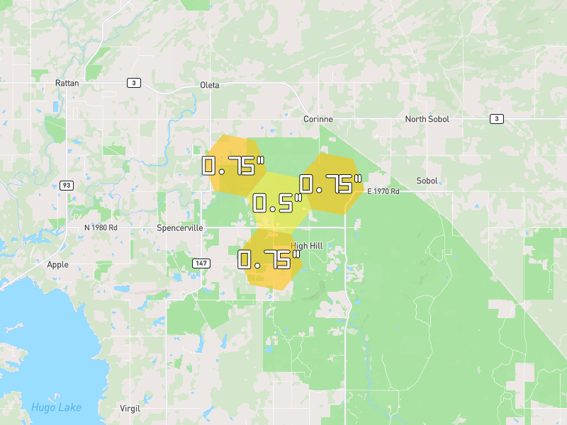 Hail map of Fort Towson, OK on Jun 7, 2026, hail up to 0.75"
