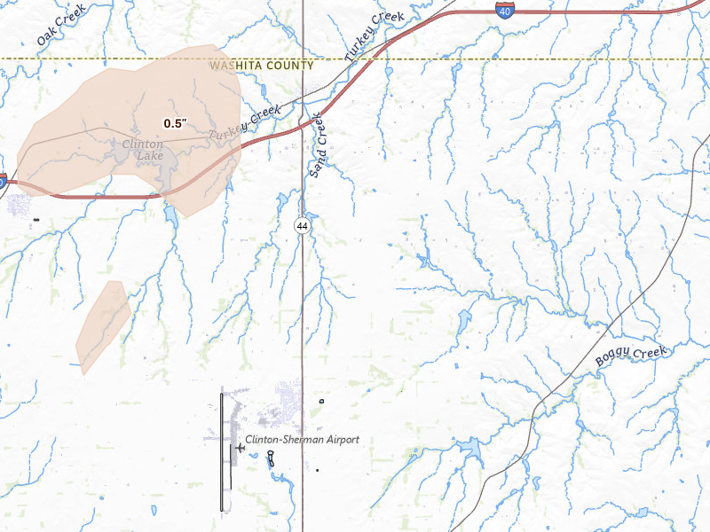 Radar-estimated hail-size map of the storm over Foss, OK on Jun 5, 2026