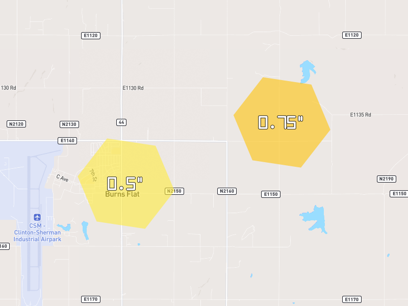 Hail map of Foss, OK on Jul 5, 2026, hail up to 0.75"