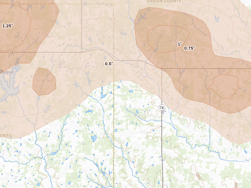 Radar-estimated hail-size map of the storm over Foster, OK on Apr 25, 2026