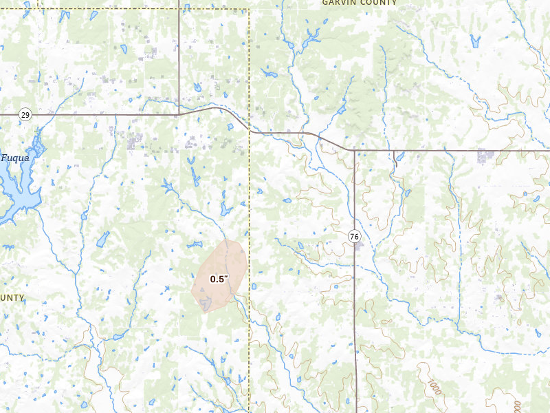 Radar-estimated hail-size map of the storm over Foster, OK on Jun 12, 2026