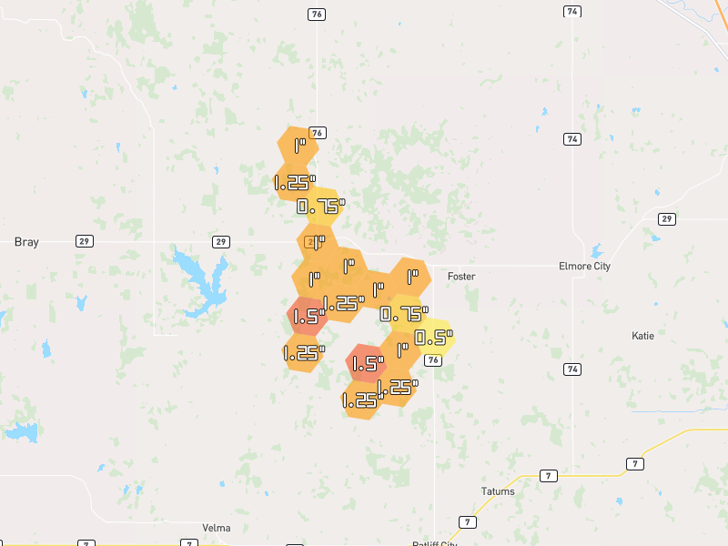 Hail map of Foster, OK on Jul 5, 2026, hail up to 1.5"