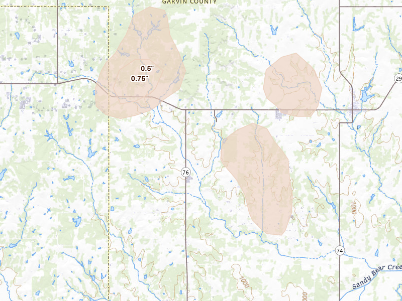 Radar-estimated hail-size map of the storm over Foster, OK on Aug 7, 2026
