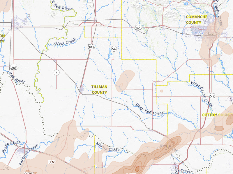 Radar-estimated hail-size map of the storm over Frederick, OK on Apr 14, 2026