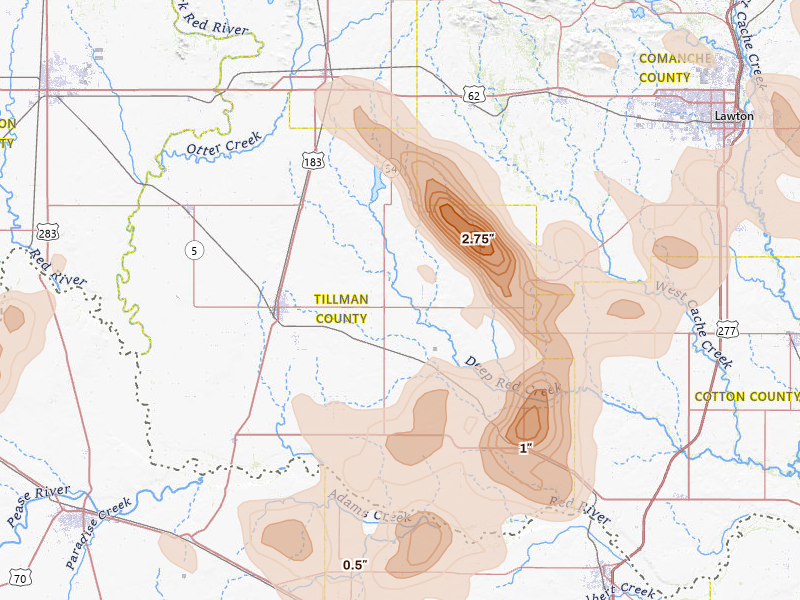 Radar-estimated hail-size map of the storm over Frederick, OK on May 8, 2026