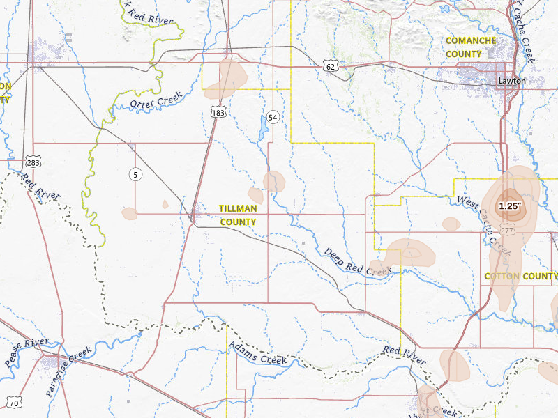 Radar-estimated hail-size map of the storm over Frederick, OK on May 22, 2026
