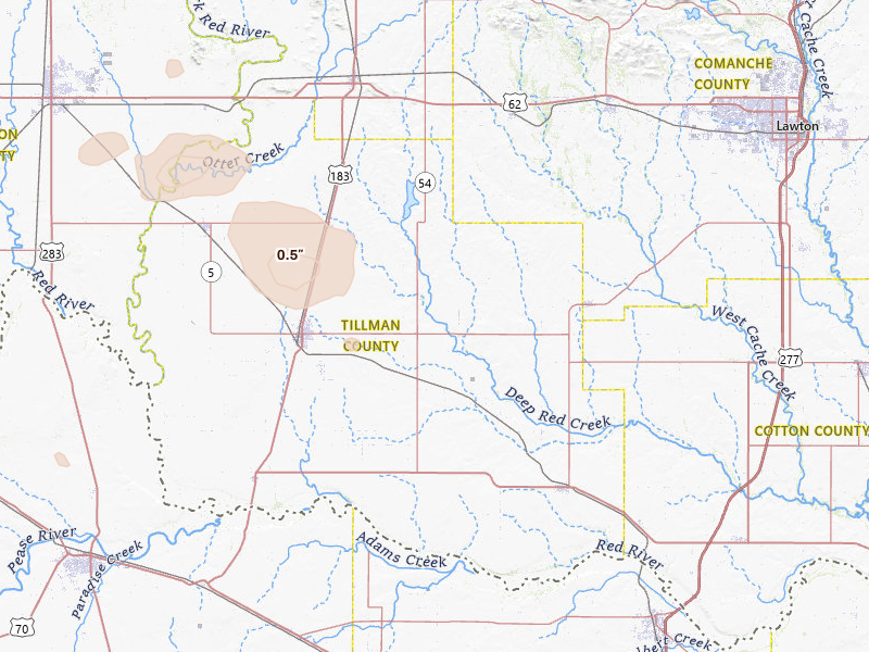 Radar-estimated hail-size map of the storm over Frederick, OK on Jul 4, 2026
