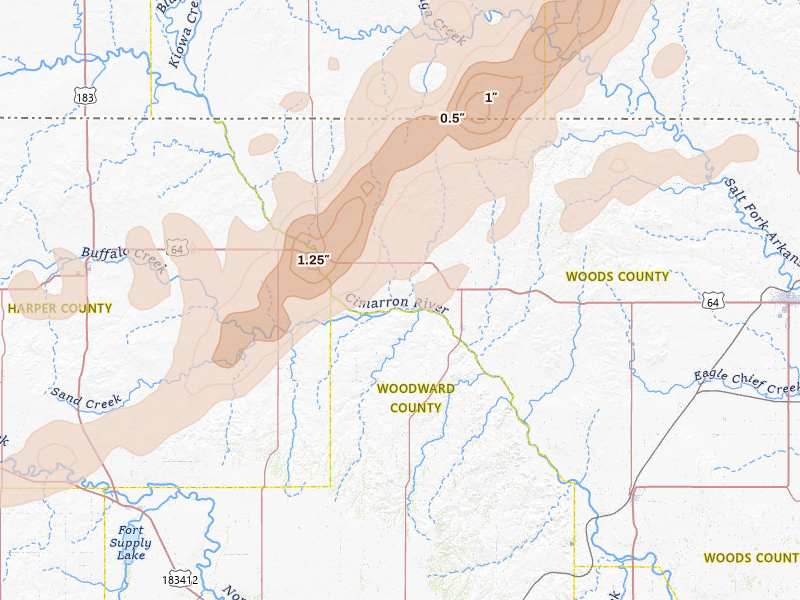 Radar-estimated hail-size map of the storm over Freedom, OK on Mar 10, 2026