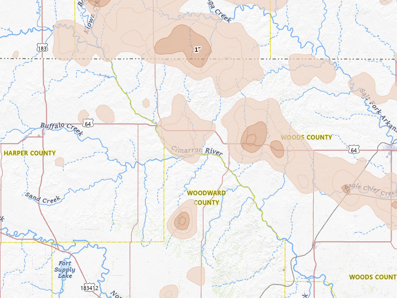 Radar-estimated hail-size map of the storm over Freedom, OK on Jun 1, 2026