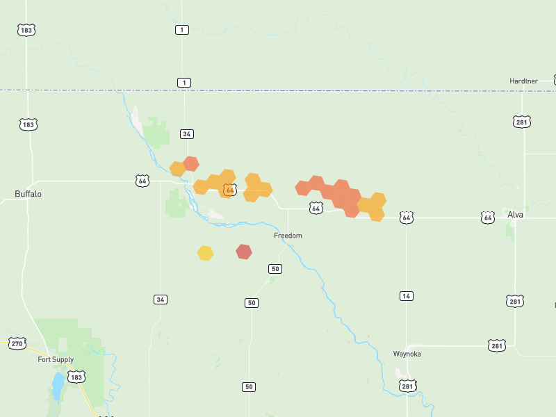 Hail map of Freedom, OK on Jun 2, 2026, hail up to 2.25"