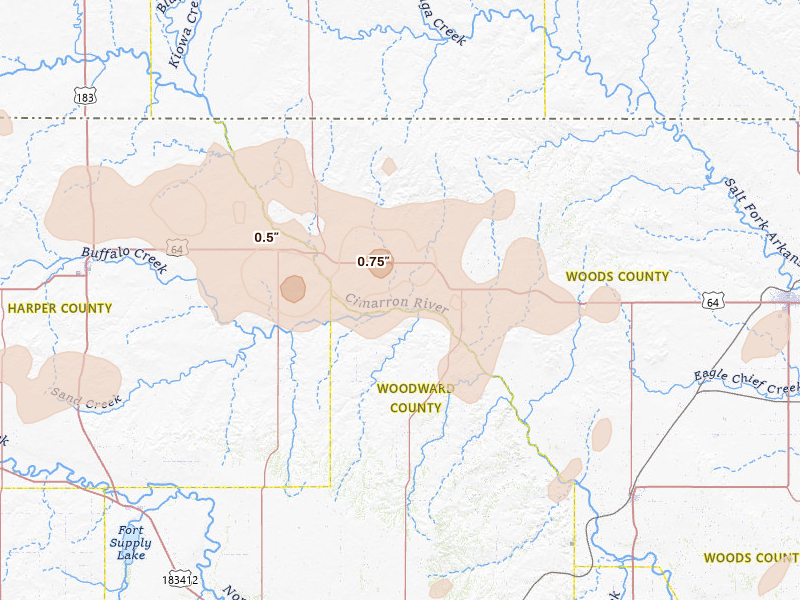 Radar-estimated hail-size map of the storm over Freedom, OK on Jun 12, 2026