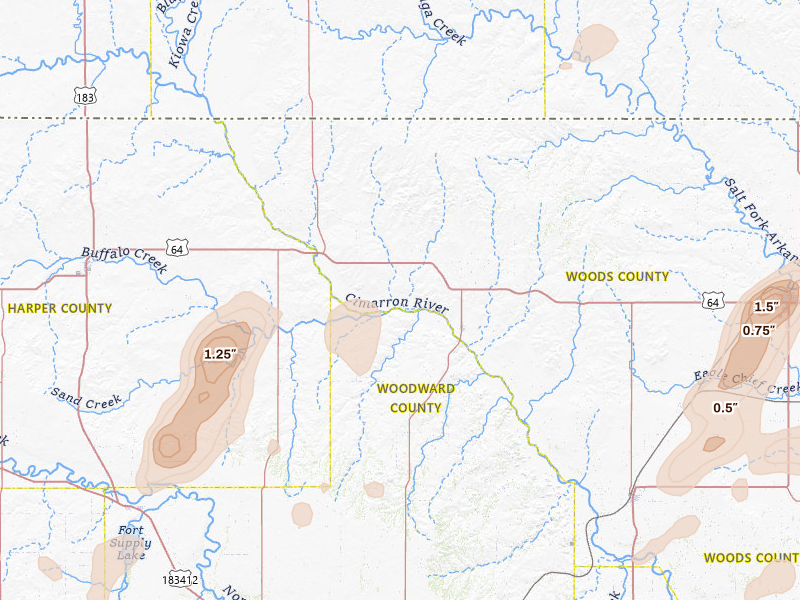 Radar-estimated hail-size map of the storm over Freedom, OK on Jun 26, 2026
