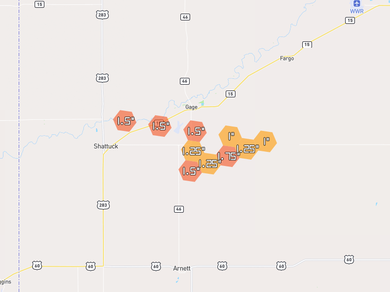 Hail map of Gage, OK on Jul 4, 2026, hail up to 1.75"