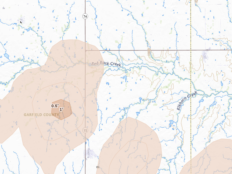 Radar-estimated hail-size map of the storm over Garber, OK on Jun 12, 2026