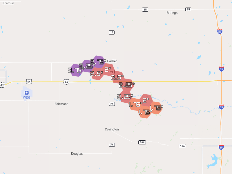 Hail map of Garber, OK on Jun 26, 2026, hail up to 3.75"