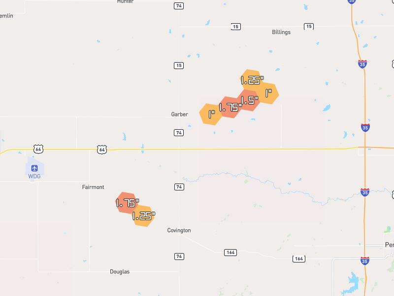 Hail map of Garber, OK on Jun 27, 2026, hail up to 1.75"