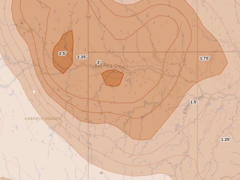 Radar-estimated hail-size map of the storm over Garber, OK on Jul 4, 2026