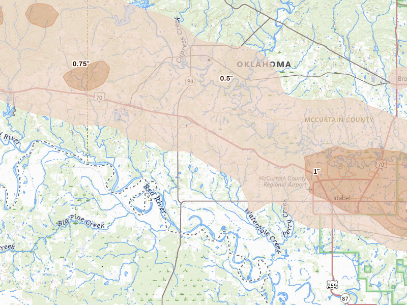 Radar-estimated hail-size map of the storm over Garvin, OK on Apr 28, 2026