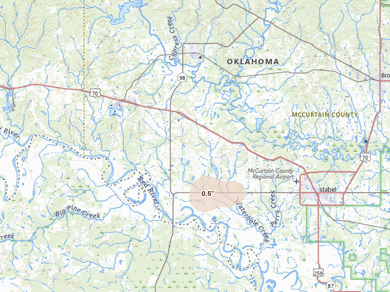 Radar-estimated hail-size map of the storm over Garvin, OK on Jul 7, 2026