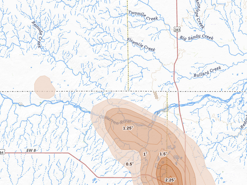 Radar-estimated hail-size map of the storm over Gate, OK on Jun 16, 2026