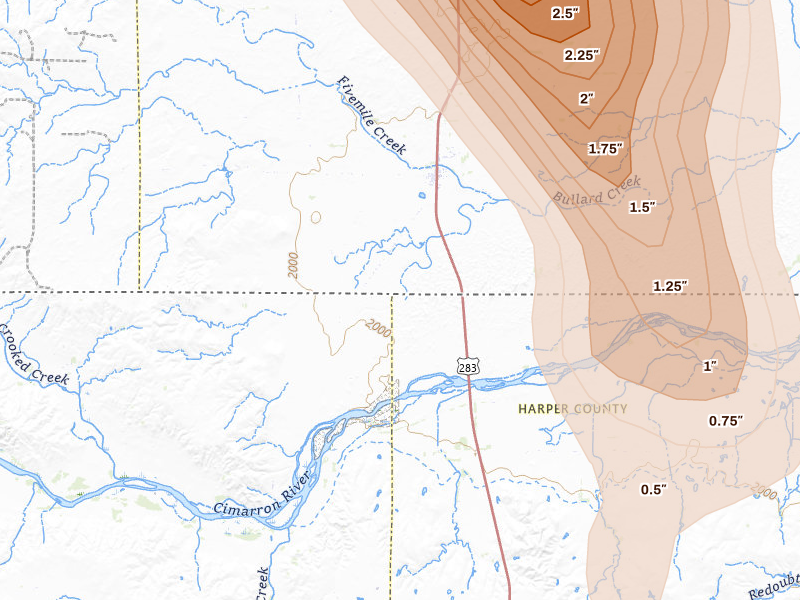 Radar-estimated hail-size map of the storm over Gate, OK on Aug 6, 2026