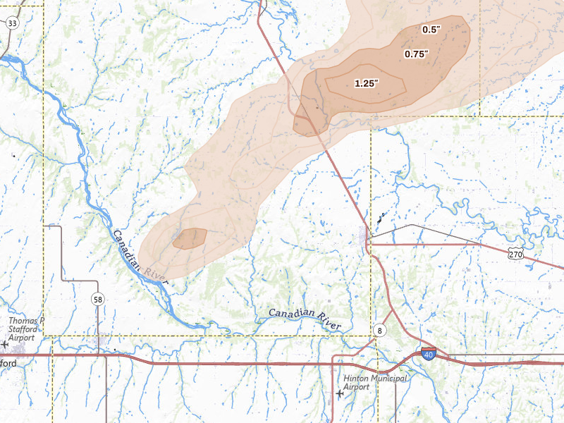 Radar-estimated hail-size map of the storm over Geary, OK on Apr 3, 2026