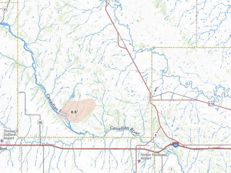Radar-estimated hail-size map of the storm over Geary, OK on May 15, 2026