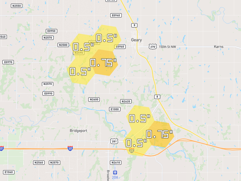 Hail map of Geary, OK on Jun 1, 2026, hail up to 0.75"