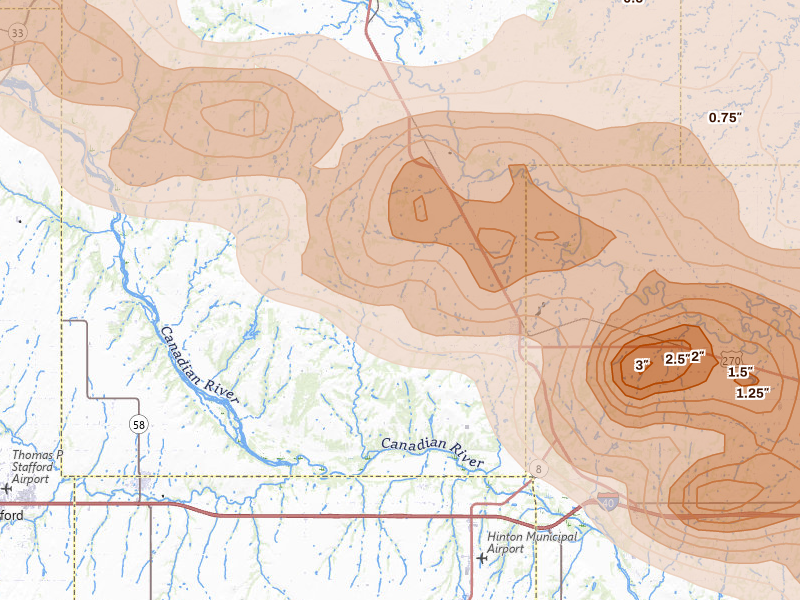 Radar-estimated hail-size map of the storm over Geary, OK on Jun 26, 2026