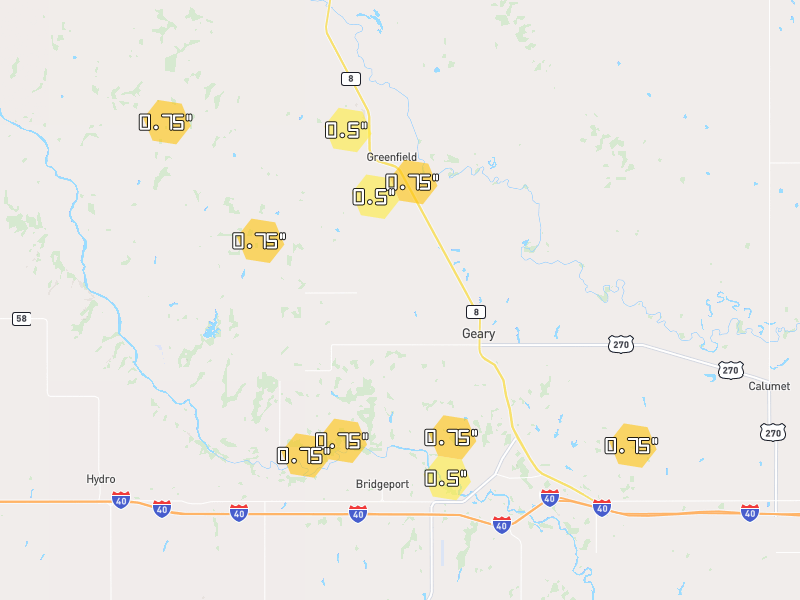Hail map of Geary, OK on Jun 26, 2026, hail up to 0.75"
