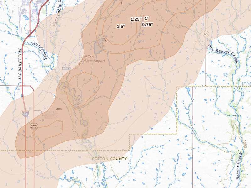 Radar-estimated hail-size map of the storm over Geronimo, OK on Apr 26, 2026