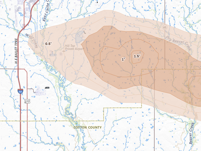Radar-estimated hail-size map of the storm over Geronimo, OK on May 9, 2026