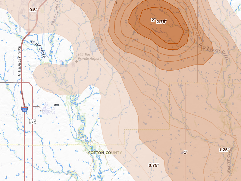 Radar-estimated hail-size map of the storm over Geronimo, OK on Jun 11, 2026