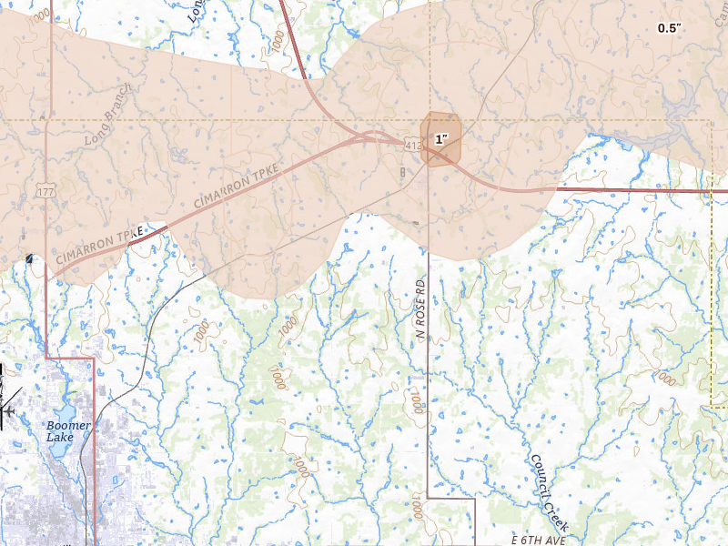 Radar-estimated hail-size map of the storm over Glencoe, OK on Apr 17, 2026