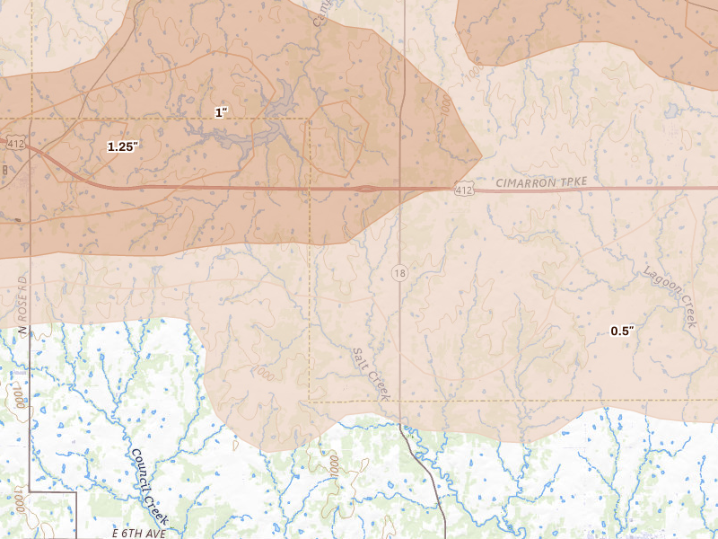 Radar-estimated hail-size map of the storm over Glencoe, OK on Apr 23, 2026