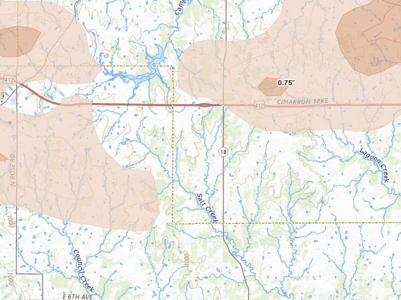 Radar-estimated hail-size map of the storm over Glencoe, OK on May 8, 2026