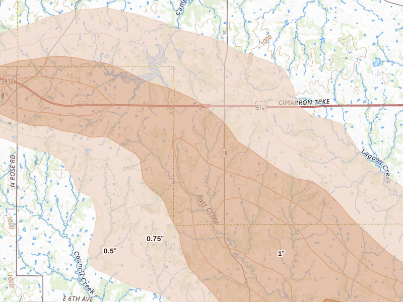 Radar-estimated hail-size map of the storm over Glencoe, OK on Jun 11, 2026