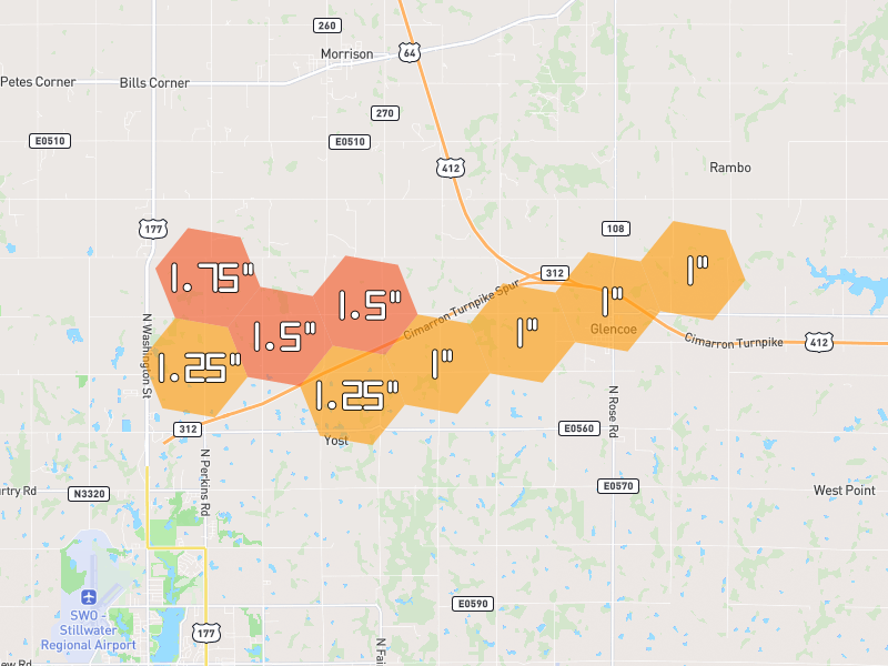 Hail map of Glencoe, OK on Jun 27, 2026, hail up to 1.75"