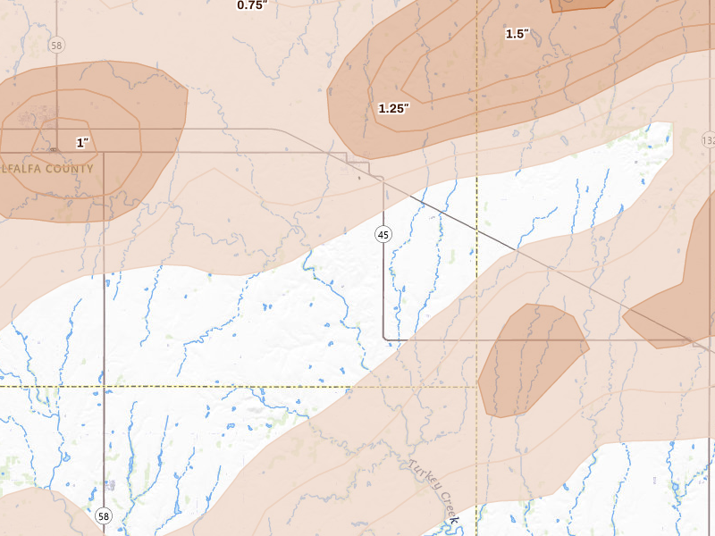 Radar-estimated hail-size map of the storm over Goltry, OK on Apr 17, 2026