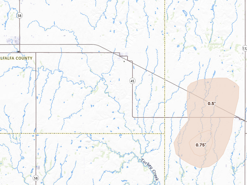 Radar-estimated hail-size map of the storm over Goltry, OK on May 22, 2026