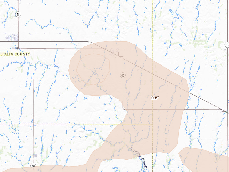 Radar-estimated hail-size map of the storm over Goltry, OK on Jun 26, 2026