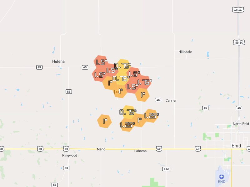Hail map of Goltry, OK on Jun 27, 2026, hail up to 1.75"