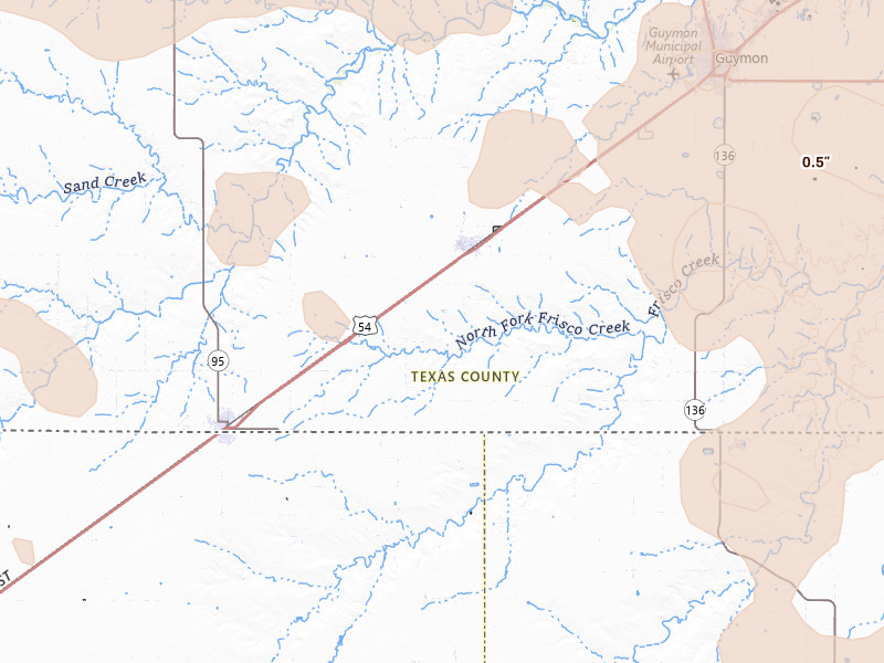 Radar-estimated hail-size map of the storm over Goodwell, OK on Jun 12, 2026