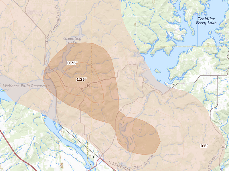 Radar-estimated hail-size map of the storm over Gore, OK on Jun 11, 2026