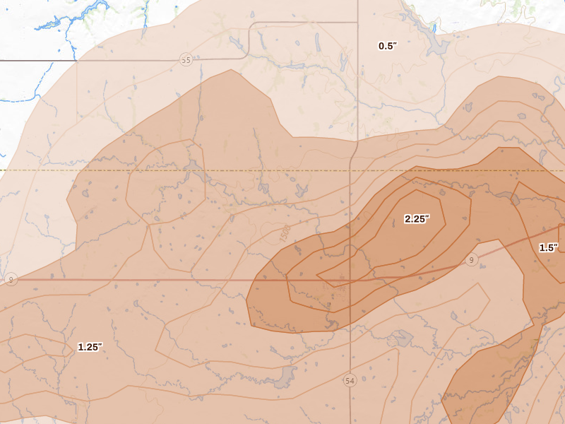 Radar-estimated hail-size map of the storm over Gotebo, OK on Apr 3, 2026
