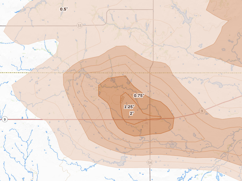 Radar-estimated hail-size map of the storm over Gotebo, OK on May 9, 2026